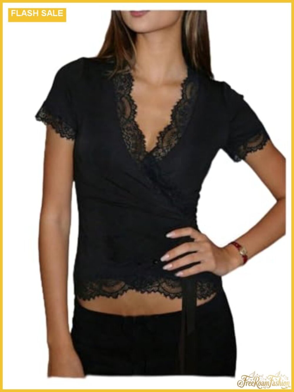 Y2K Lace Tie Knot Wrap Crop Top V Neck Short Sleeve Fitted Going Out Top